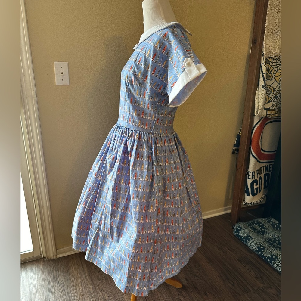 Bernie Dexter vintage 50s style MCM dress VLV pale blue rockets rockabilly - Picture 4 of 6
